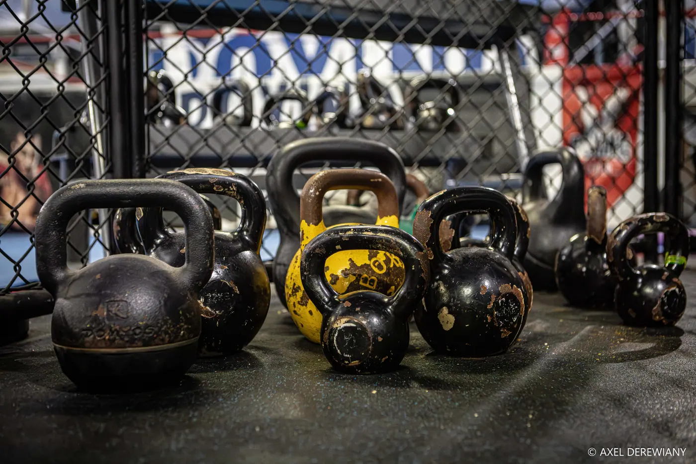 Une rangée de kettlebells noirs et jaunes posés au sol devant la cage