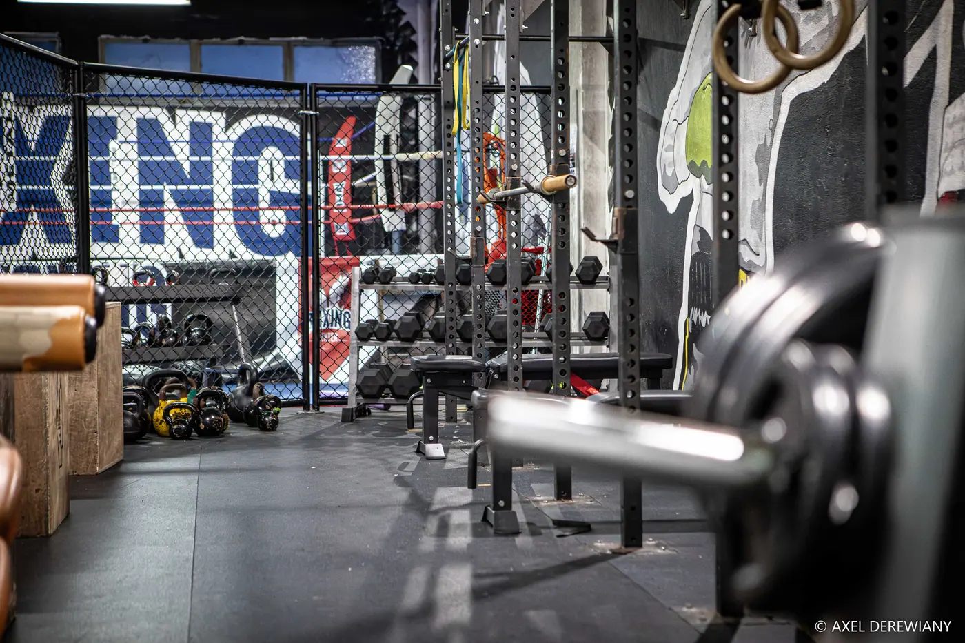Disques, barres et racks de la zone musculation, en accès libre
