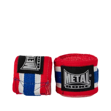 Paire de bandes de boxe Metal Boxe rouge, blanc et bleu de 2,50 mètres, roulées