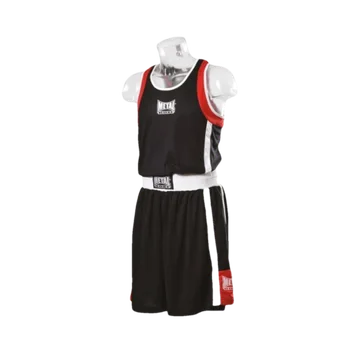Ensemble de boxe enfant Metal Boxe sur mannequin : débardeur et short noirs à bandes rouges et blanches